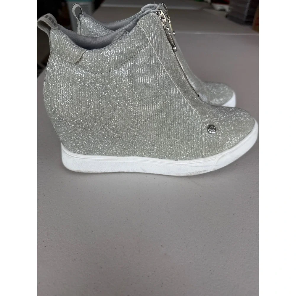 Juicy Couture Joann Silver Glitter Wedge Sneakers High Top Front Zip Size 7